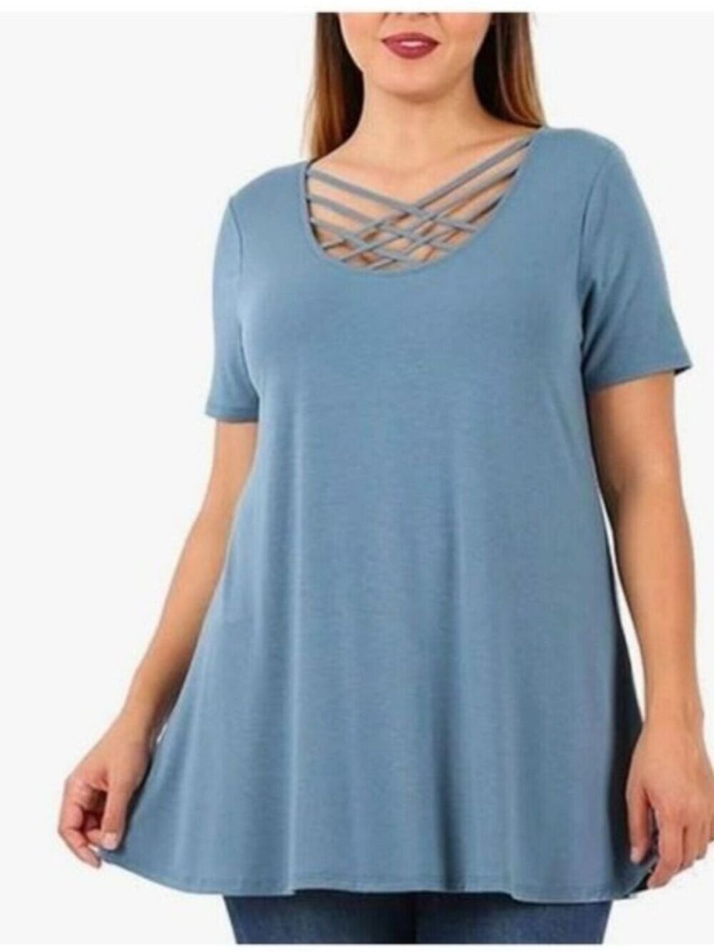 ZENANA Criss-Cross Neckline Short Sleeve Cement Blue Top Tunic Size 2XL NWT